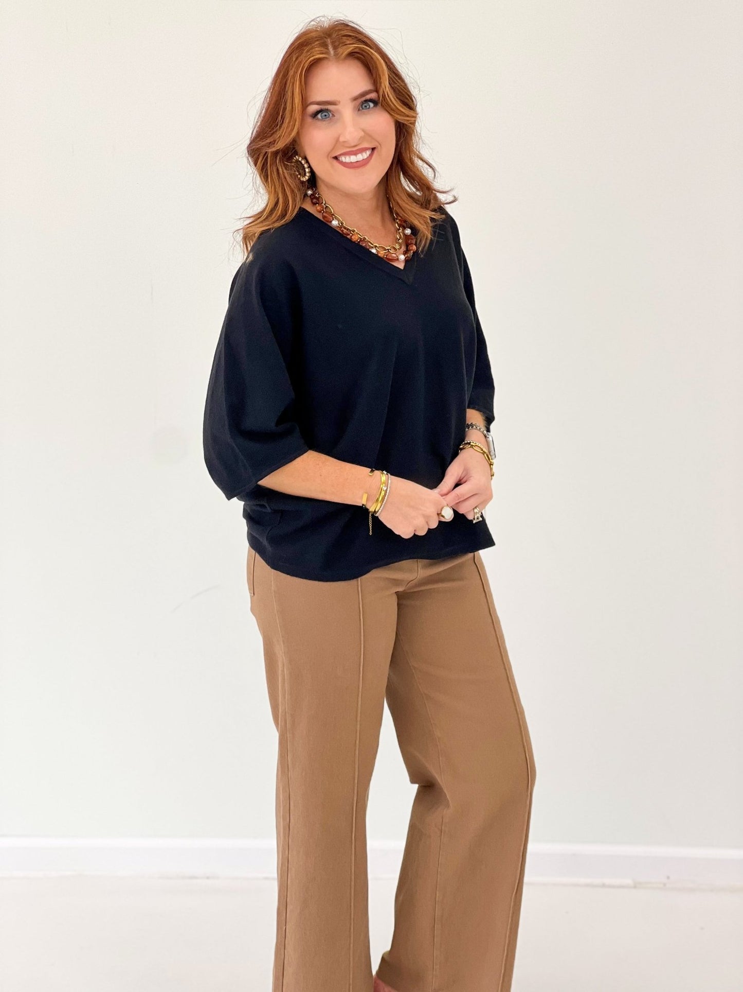 Jodifl Knit V-Neck Short Sleeve Sweater Top - Lavish Boutique01-TOPS
