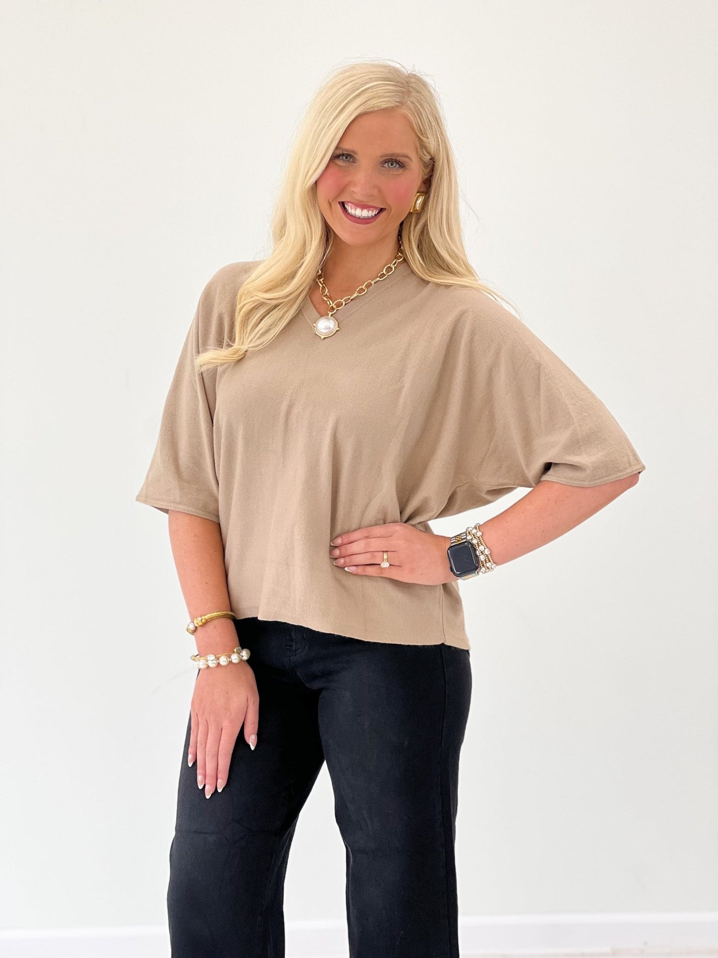 Jodifl Knit V-Neck Short Sleeve Sweater Top - Lavish Boutique01-TOPS