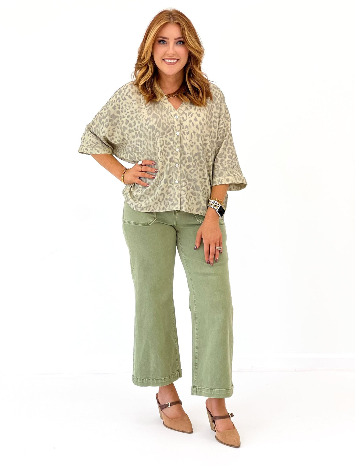 Dusty sage leopard print short-sleeve button-up top with pointed collar