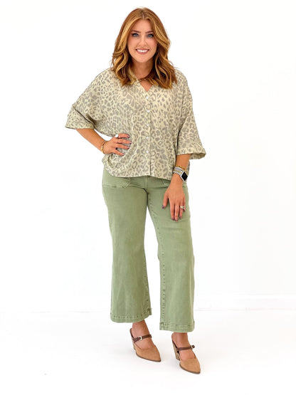 Dusty sage leopard print short-sleeve button-up top with pointed collar