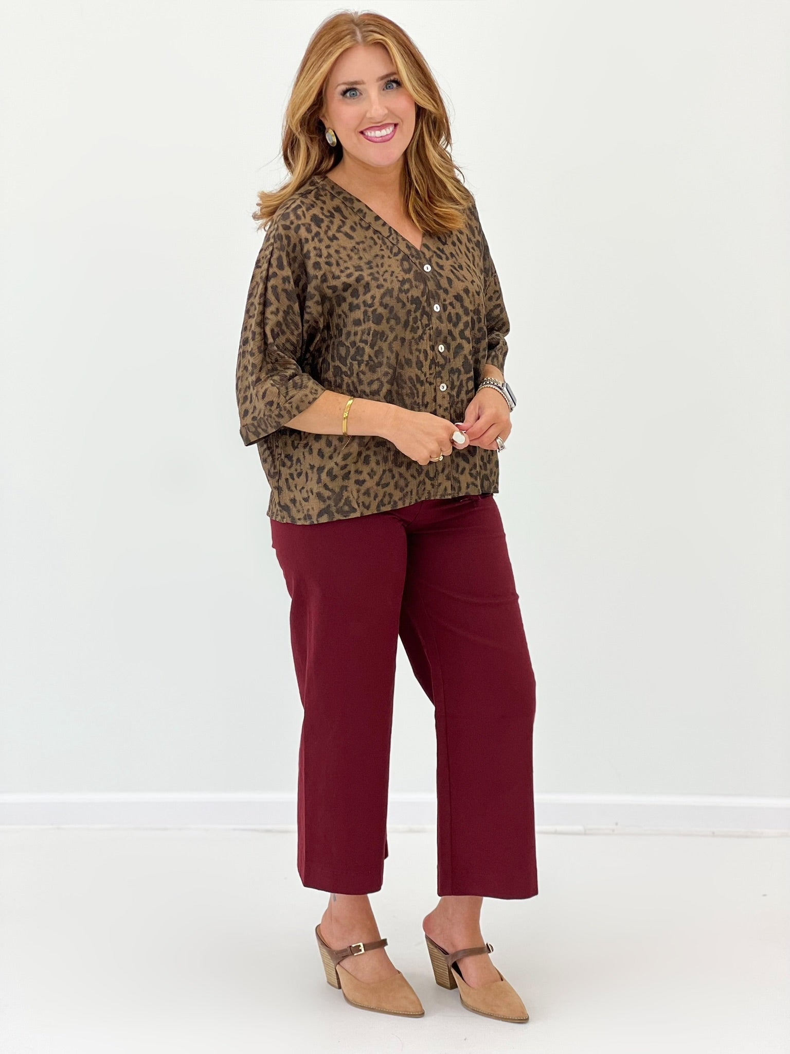 Leopard print button up top with short sleeves