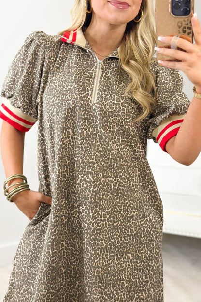 Animal print dress with striped sleeve trim
