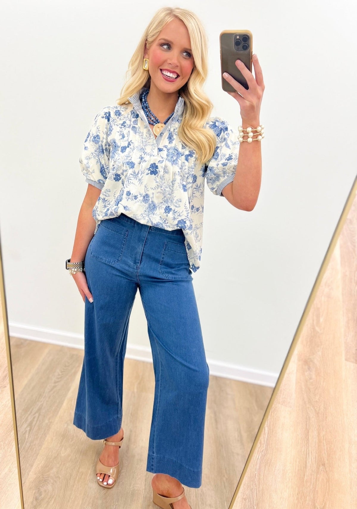 Light denim wide leg jeans with a high waist