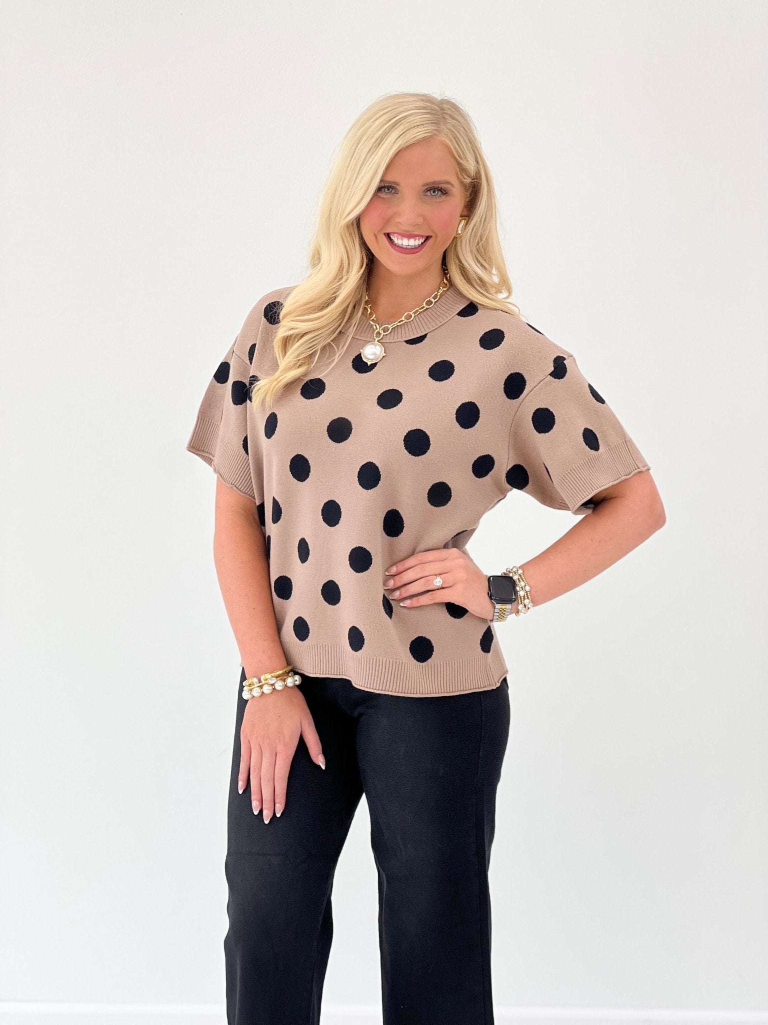 Short sleeve knit top in taupe with an allover dot print