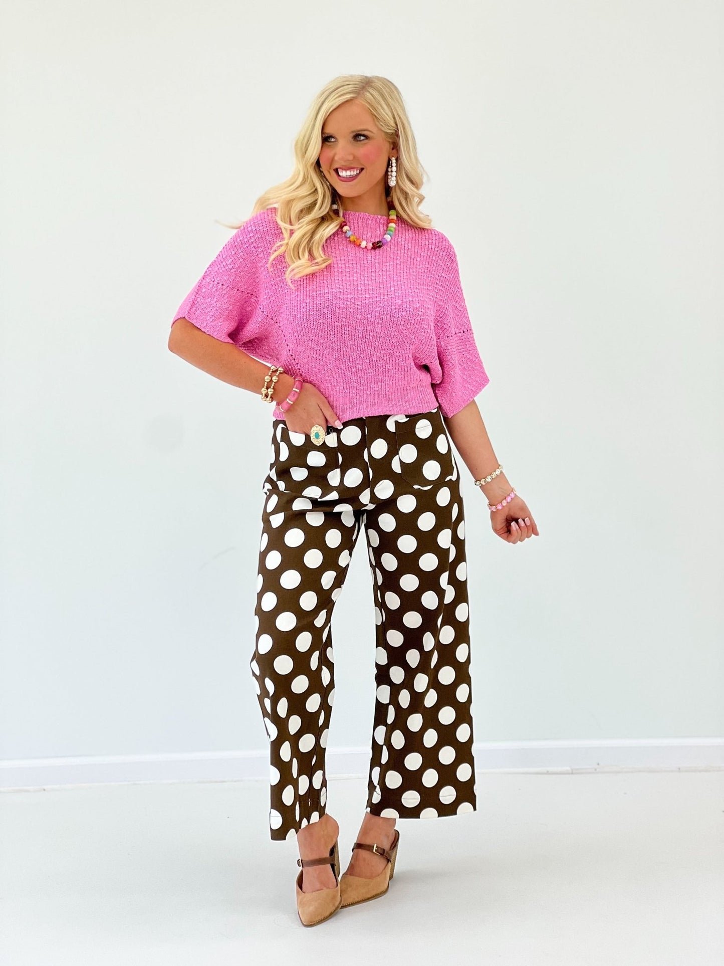 Dot print pants with a full wide leg and soft drape
