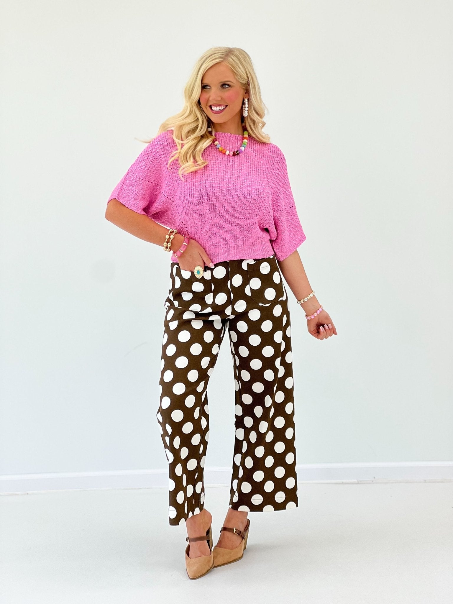 Dot print pants with a full wide leg and soft drape