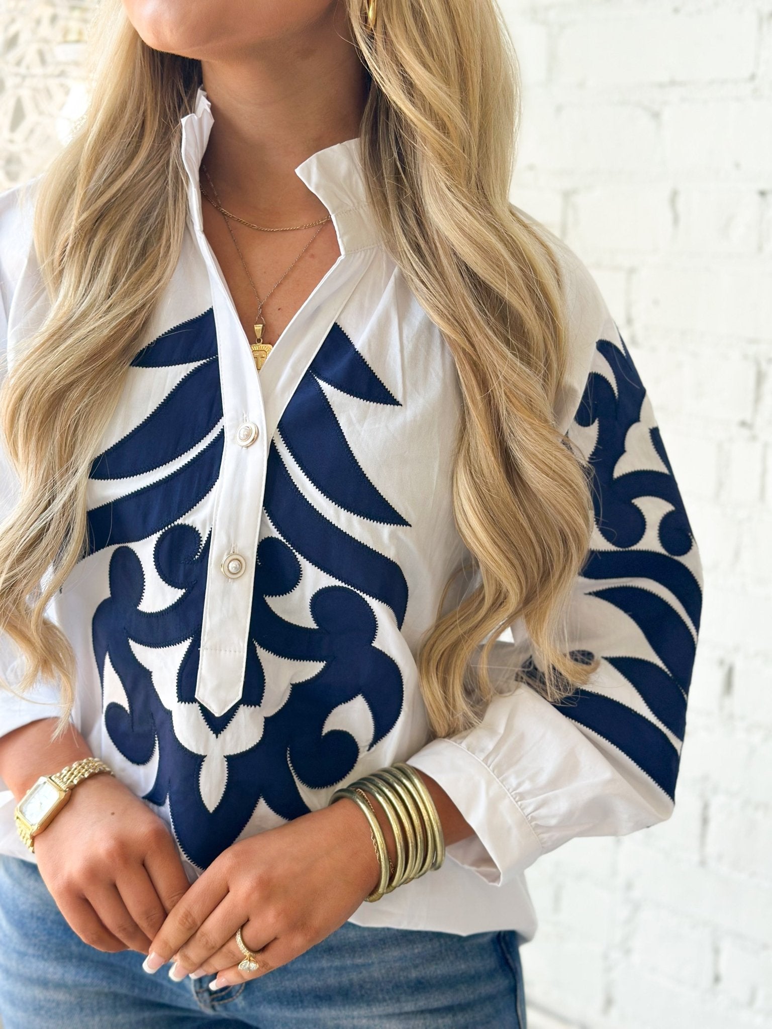 Jodifl Printed Collar Neck Long Sleeve Top - Lavish Boutique01-TOPS