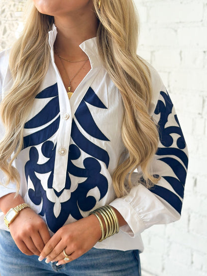 Jodifl Printed Collar Neck Long Sleeve Top - Lavish Boutique01-TOPS
