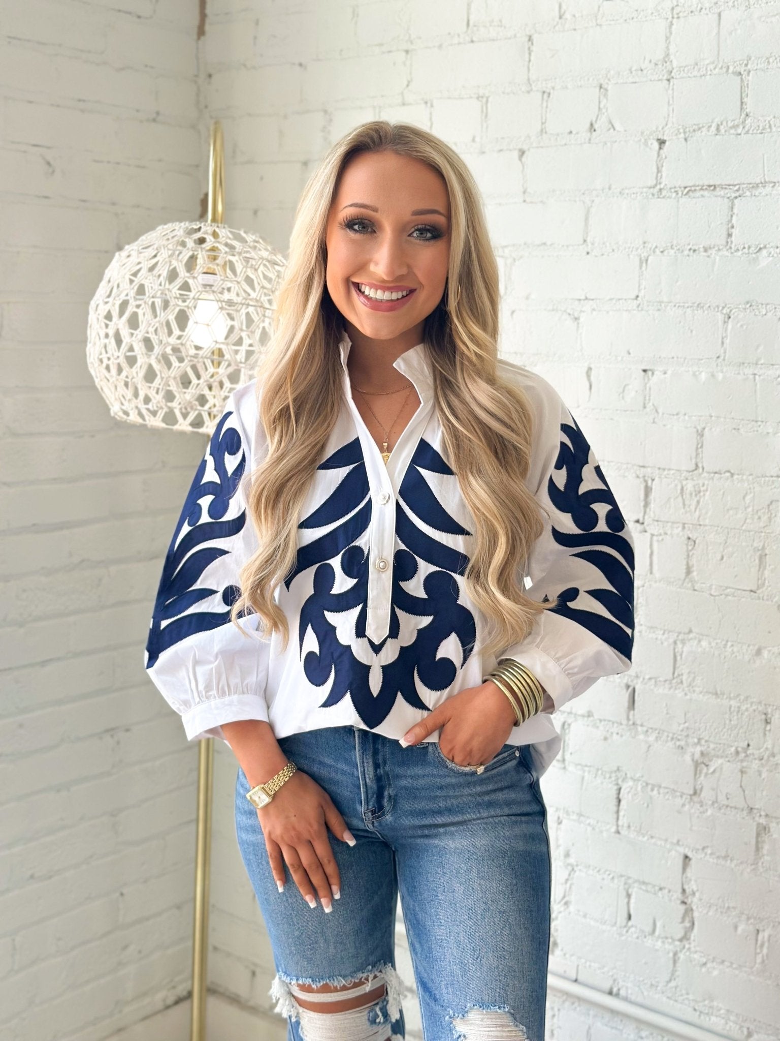 Jodifl Printed Collar Neck Long Sleeve Top - Lavish Boutique01-TOPS