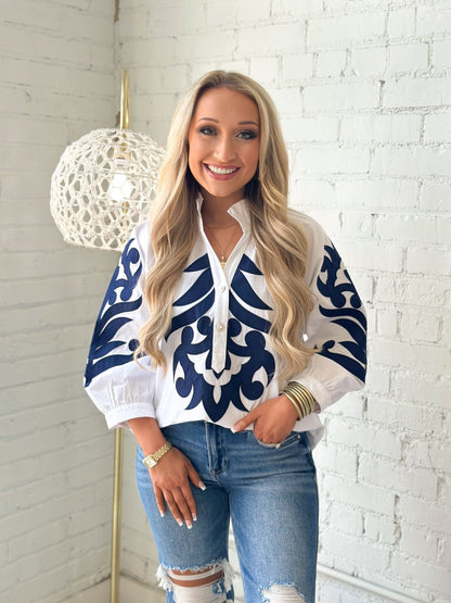Jodifl Printed Collar Neck Long Sleeve Top - Lavish Boutique01-TOPS
