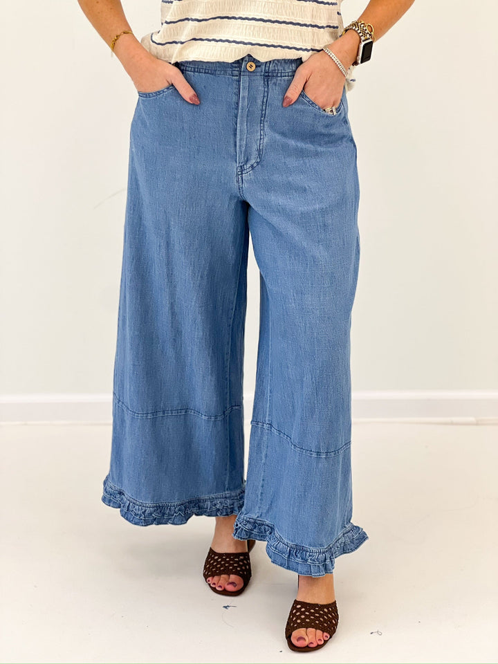 Denim wide leg pants with a ruffled hem