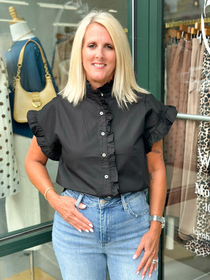 Ruffle sleeve black blouse with a full button front