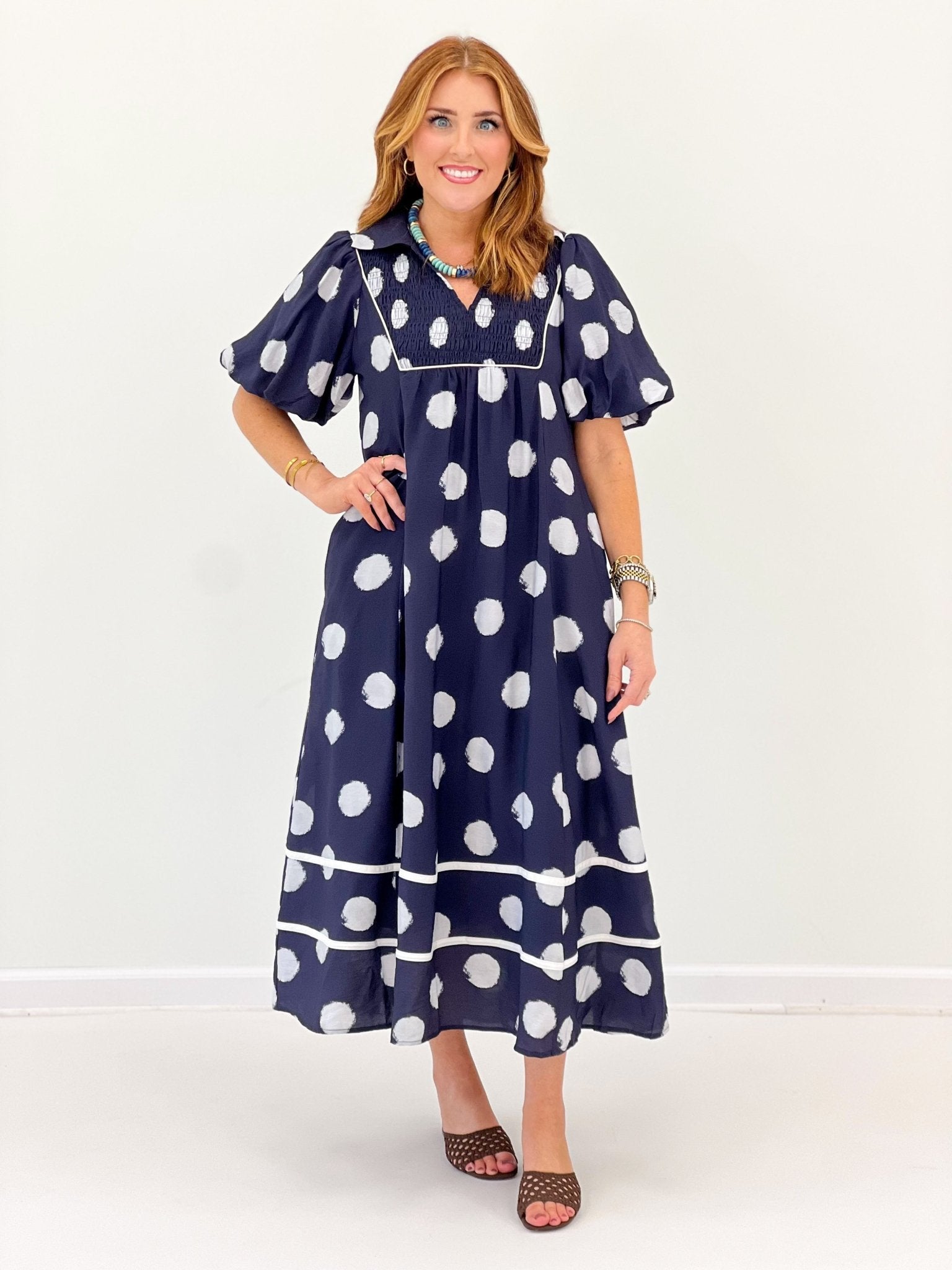 Midi dress with elasticated smocked panels