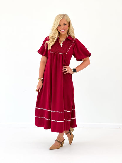Jodifl Trim Detail Smocked Midi Dress - Lavish Boutique04-DRESSES