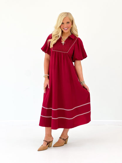 Jodifl Trim Detail Smocked Midi Dress - Lavish Boutique04-DRESSES
