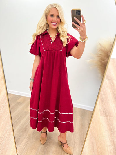 Jodifl Trim Detail Smocked Midi Dress - Lavish Boutique04-DRESSES
