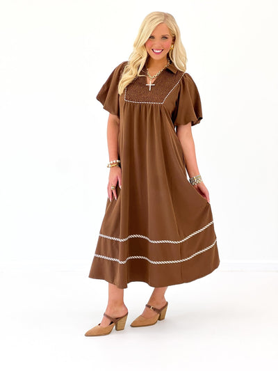 Jodifl Trim Detail Smocked Midi Dress - Lavish Boutique04-DRESSES