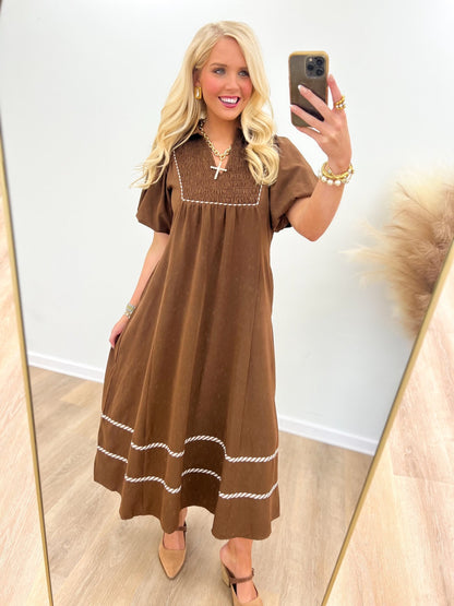 Jodifl Trim Detail Smocked Midi Dress - Lavish Boutique04-DRESSES