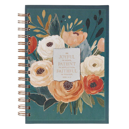Multi-color spiral journal lettered Joyful, Patient, Faithful, Romans 12:12