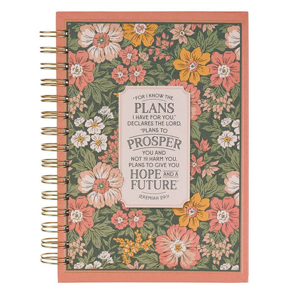 Pink floral spiral journal lettered I Know The Plans, Jeremiah 29:11