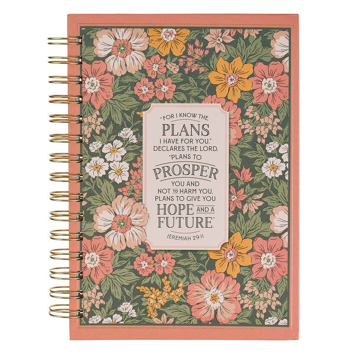 Pink floral spiral journal lettered I Know The Plans, Jeremiah 29:11