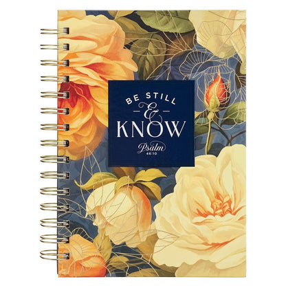 Large blue floral wirebound journal lettered Be Still, Psalm 46:10