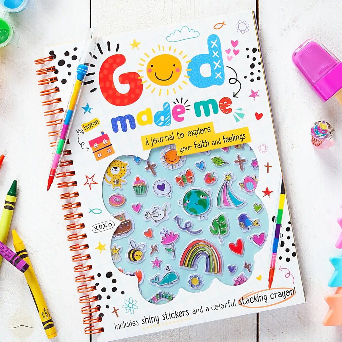 Kids spiral notebook journal with colorful “God made me” activity stickers page