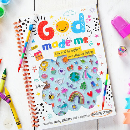 Kids spiral notebook journal with colorful “God made me” activity stickers page