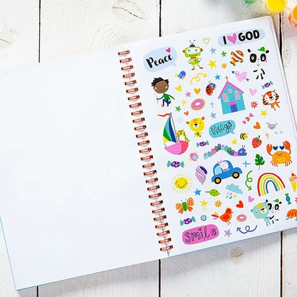Kids spiral notebook journal open to peace and smile colorful sticker style page