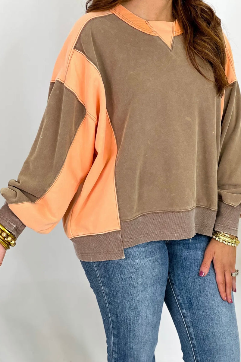 Mocha Long Sleeve Color Block Top