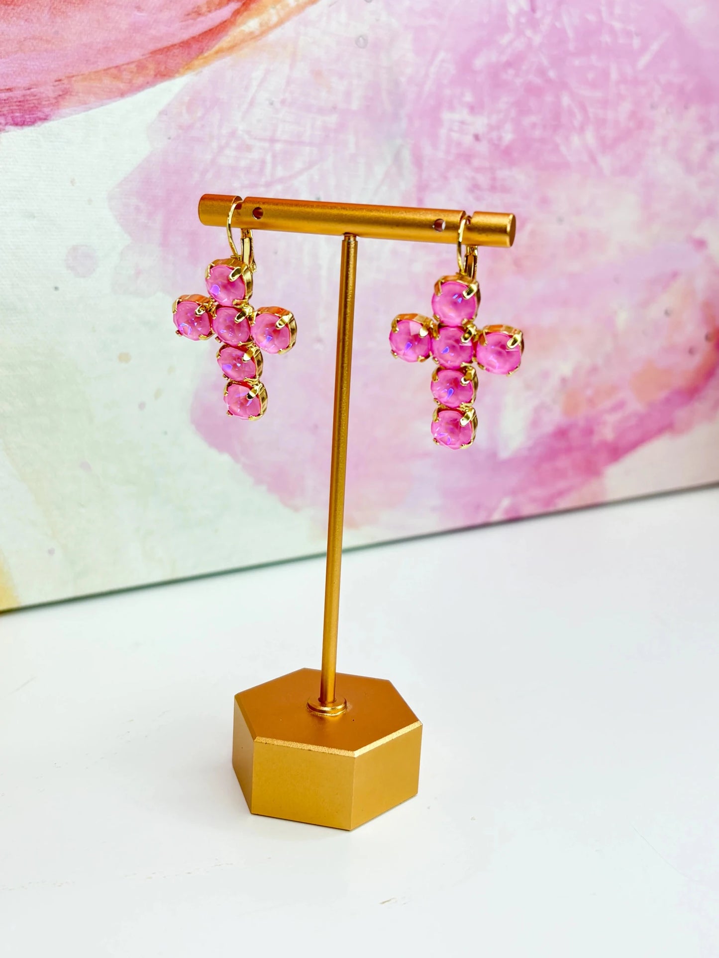 Gemstone cross drop earrings in gold tone