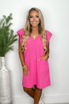 Hot Pink Ribbed Ruffle Sleeve Dress