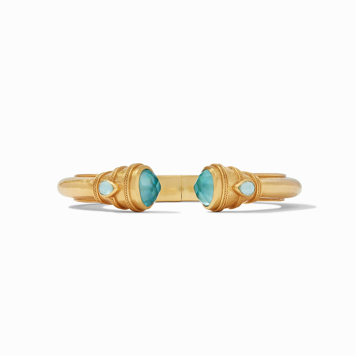 Gold demi cuff bracelet set with an iridescent stone