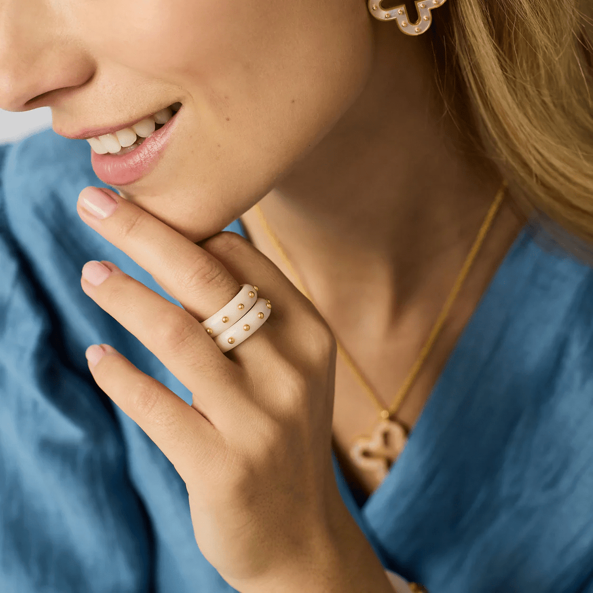Pale alabaster stacking ring in gold tone