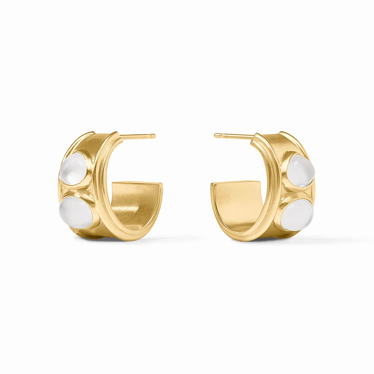 Gold hoop earrings set with iridescent clear crystals