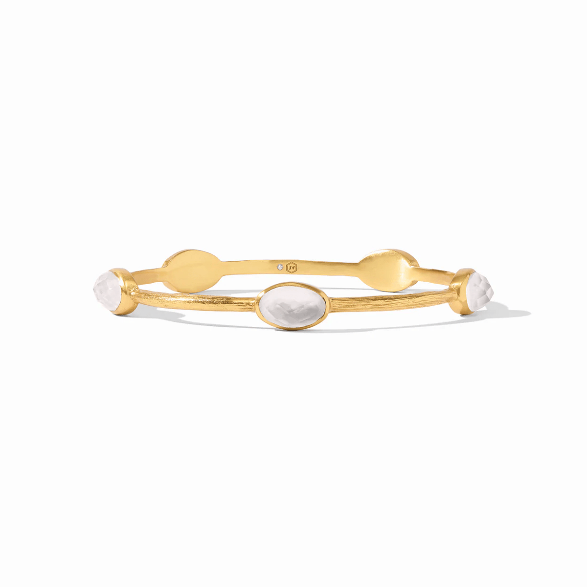 Small gold bangle with an iridescent crystal stone