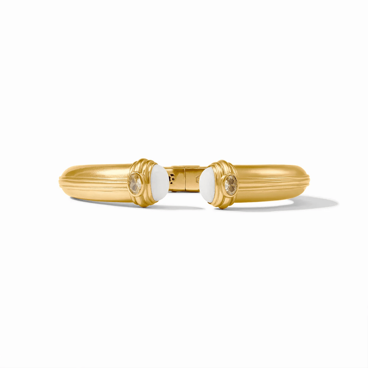 Gold cuff bracelet set with white jade