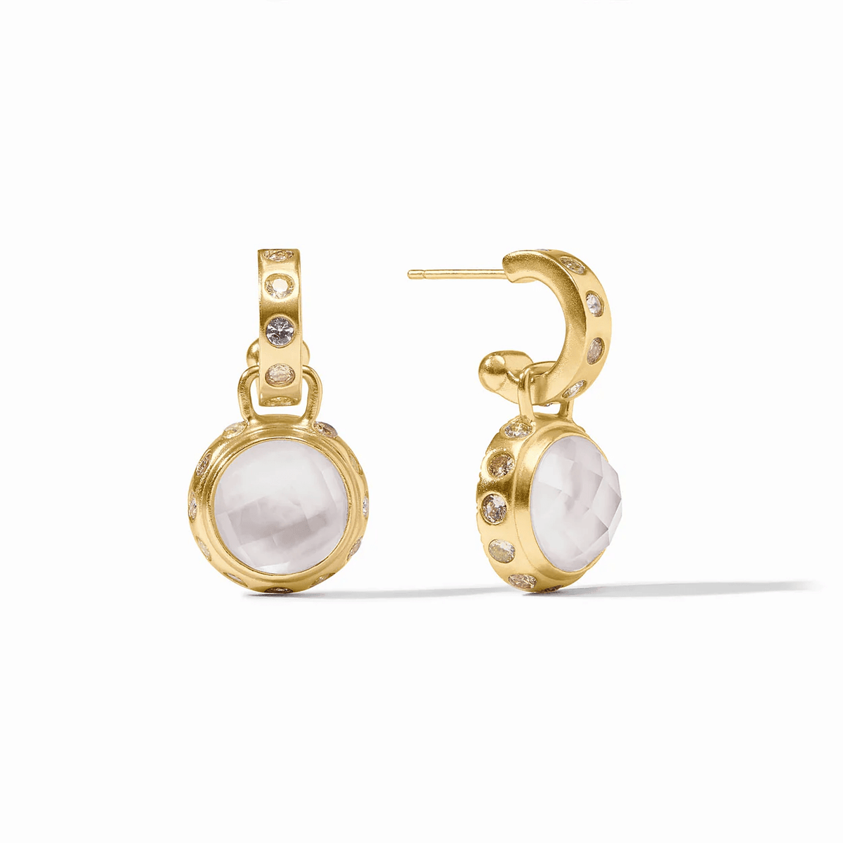 Gold hoops with an iridescent crystal charm drop