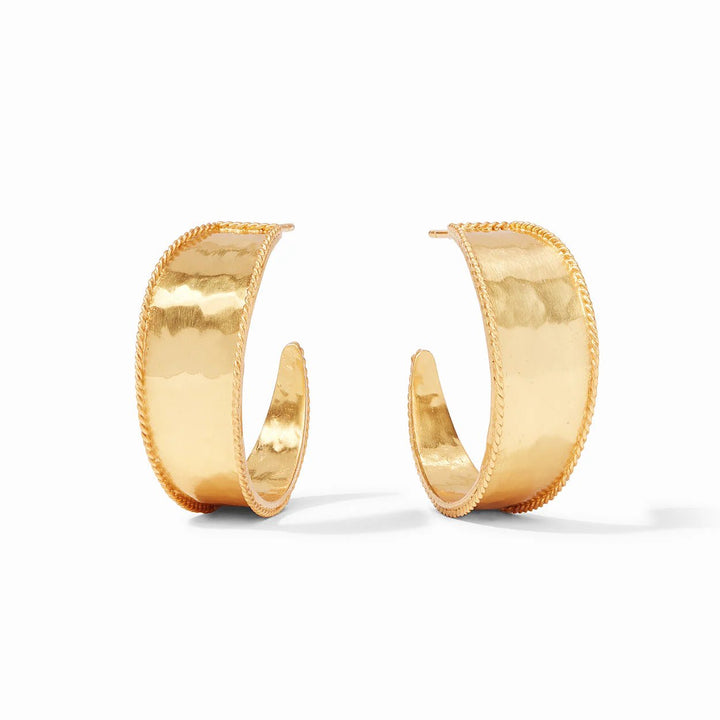 Medium gold hoop earrings with a textured band