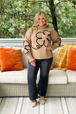 Tan and Black Long Sleeve Polar Neck Flower Sweater