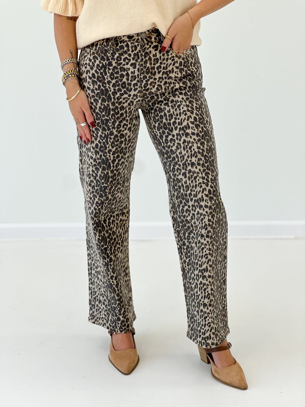 Leopard print high rise straight leg jeans