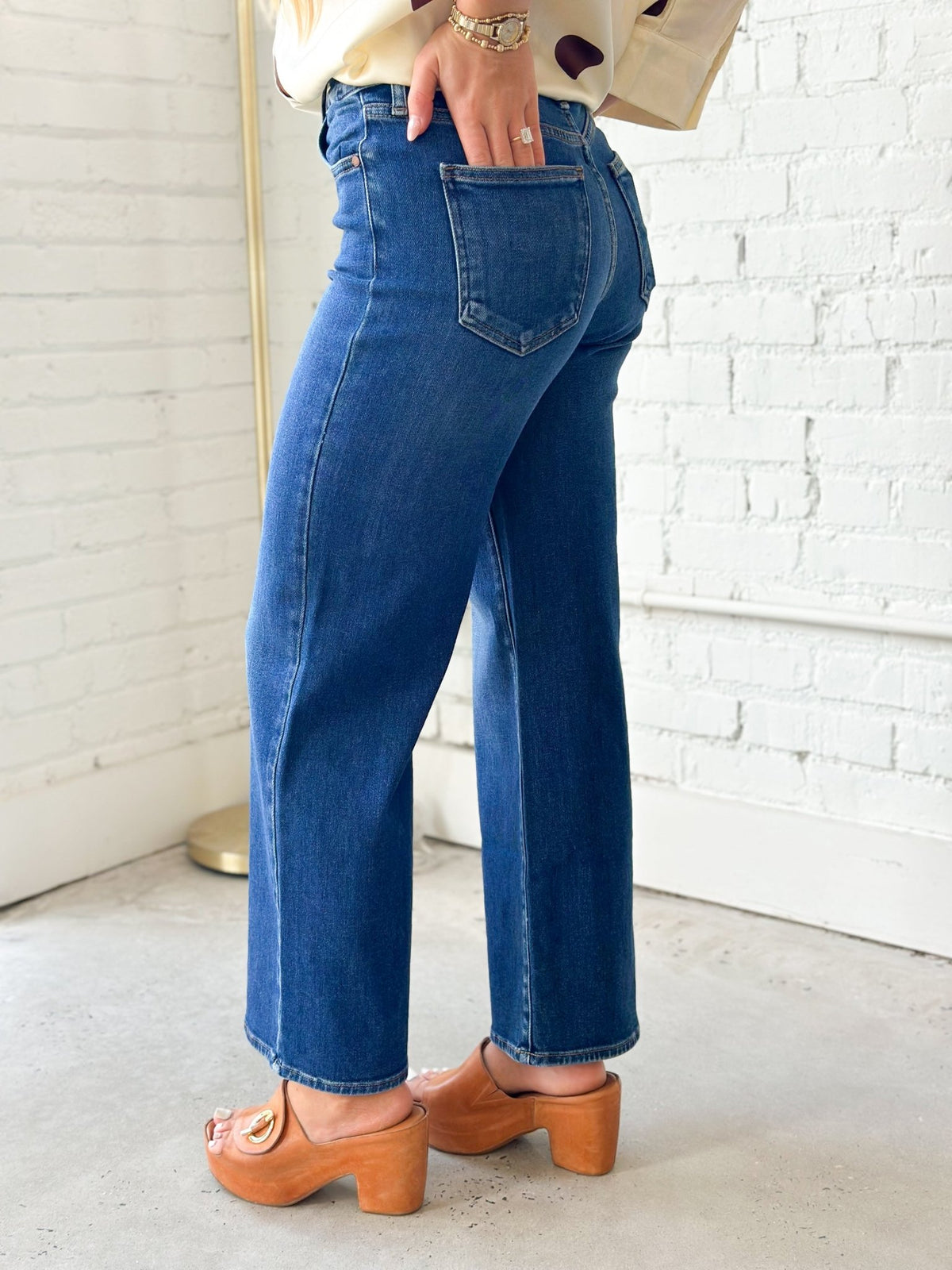 High rise wide leg jeans in a deep indigo wash