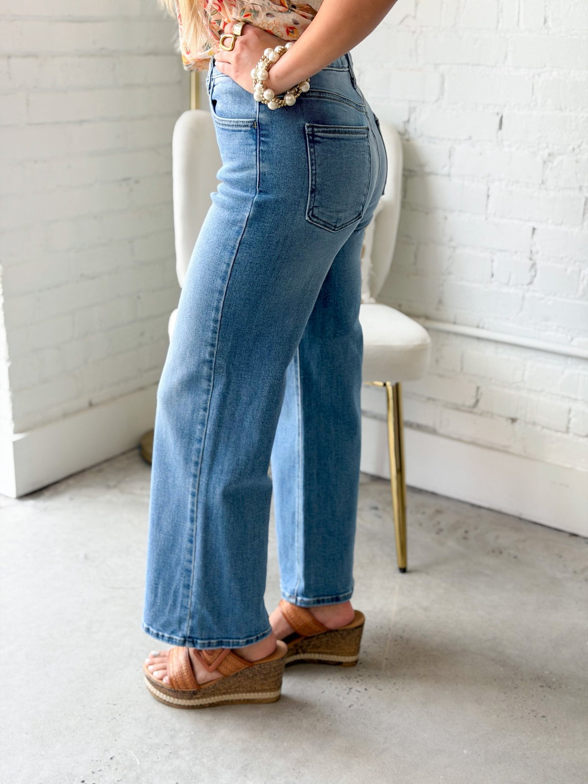High rise wide leg denim in a medium blue wash
