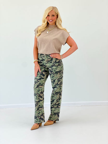 Mid rise camo print pants with a straight leg and five pockets