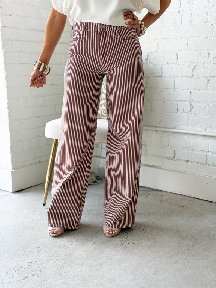 Spice brown striped relaxed wide leg jeans
