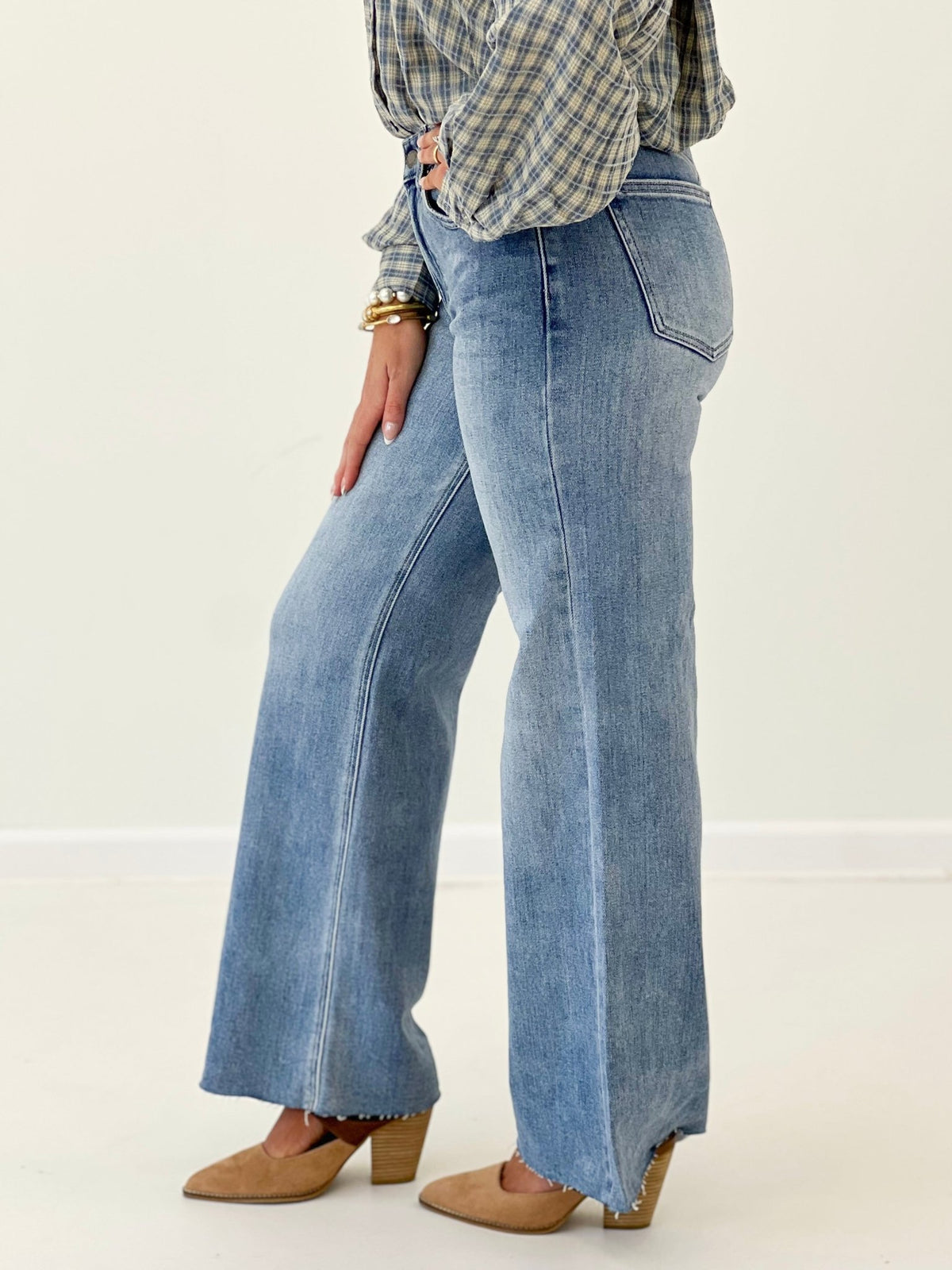 Medium blue wide leg denim with a long straight hem