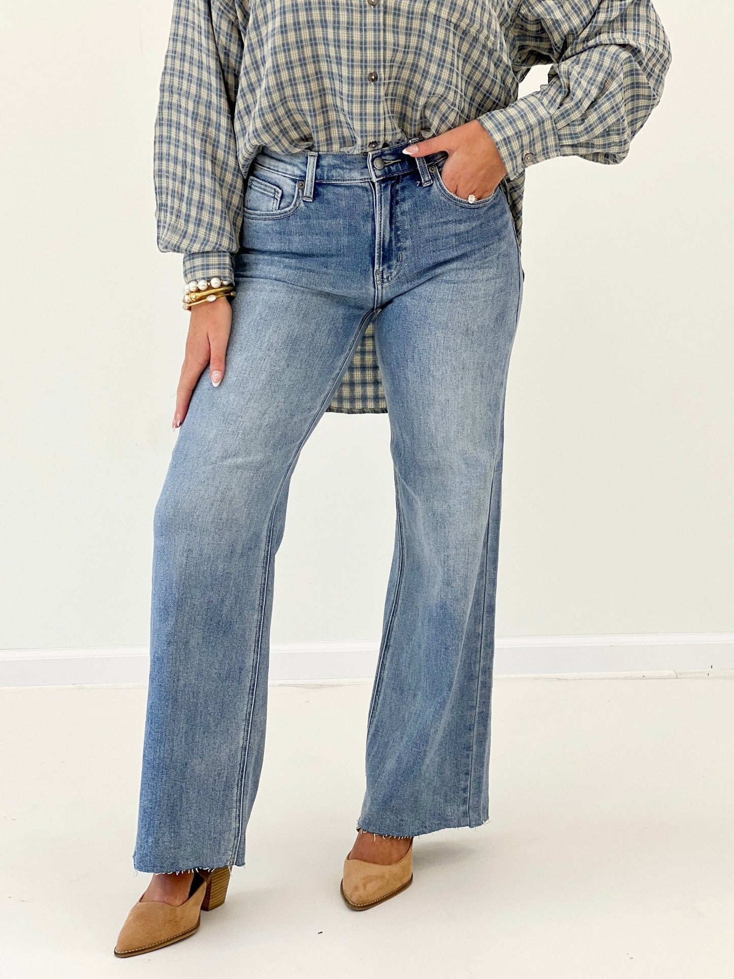 Medium wash wide leg jeans with a five pocket cut