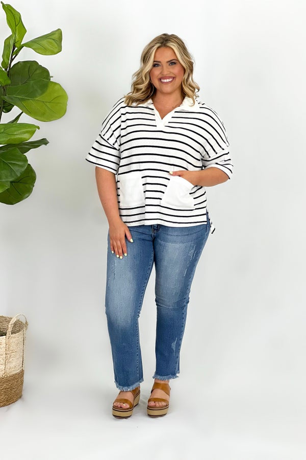 White and Black Striped Collared Top