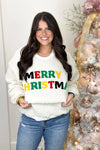 Ivory Merry Christmas Embroidery Sherpa Top