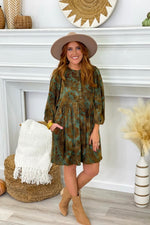 Dusty Green Velvet Patterned Long Sleeve Dress